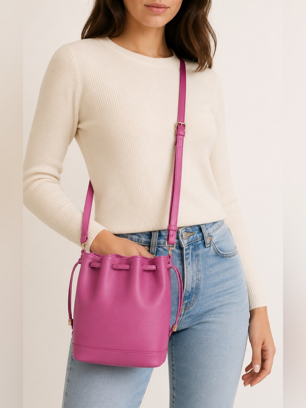 Celine Magenta Drawstring Bucket Crossbody Bag